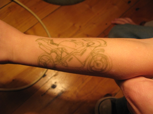Bike Tattoo 1. One of Ethan's very first tattoos, a Ducati 748.